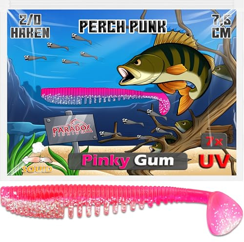 Paradox Fishing Perch Punk Barsch-Gummifische Pinky Gum 7,5cm I 7 Stück I Barsch-Köder Raubfischangeln Spinnfischen Kunstköder