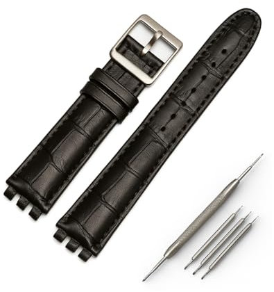 OLXIYOC Armband für Swatch aus Alligatorprägung-Rindleder mit Edelstahl-Verschluss (Black, 19mm)