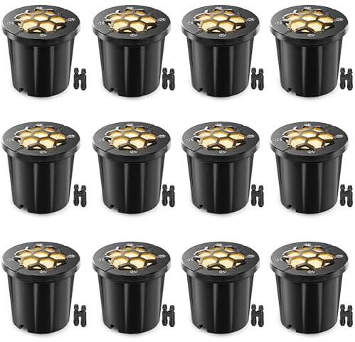 HIBOITEC 12er 12W Niederspannungs LED Bodeneinbaustrahler mit Kabelverbindern, 1440LM Warmweiß Bienenwabe Bodenstrahler Außen 12–24 V, IP67 Wasserdichte Bodenleuchten Außen für Gärten Terrasse
