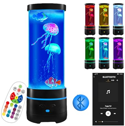 15 Jellyfish Lamp with Bluetooth Speaker - Black Modern Cylinder Aquarium with 4 Jellyfish (2 Large + 2 Small),16 Color LED Table Lamp with Blue Base Light, Remote Control, USB Powered, Ultra Quiet
