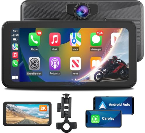 AWESAFE Pantalla Táctil de 6.25 Pulgadas para Motocicleta con CarPlay/Android Auto Inalámbrico, Estéreo Portátil con Pantalla IPS Impermeable/Dashcam 2K Frontal/Soporte para Moto,Admite Bluetooth/TF