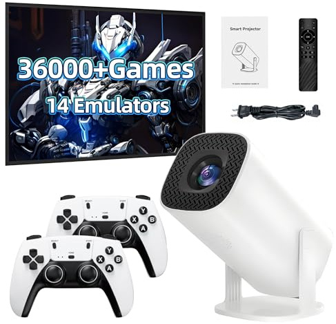 P30 Plus 4k proyector Consola de Juegos, proyector de Videojuegos con 2 Controladores inalámbricos, Incorporado en 14 emuladores 36000+ Juegos, Blanco