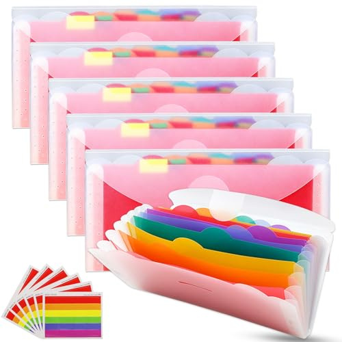 SJDOFU Flashcard Organizer, 13 Pockets Flash Card Holder 22.5x11.5x2cm | with Colored Labels Index and Sheets, 6 Pack Expanding File Folder 13 Pockets Portable Accordion Folder