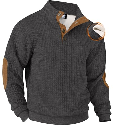 VOGSTART Herren Modisch Casual Pullover Waffel Langarm Hemden Flaum Schwer Klassisch Warm Gerippt Quarter Stand Kragen Farbblock 1/4 Knopf Indoor Outdoor Thermo Pullover Dunkelgrau - Plaid XL