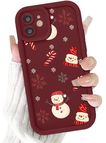 Coiwxmoi Weihnachten Handyhülle für iPhone 12 Hülle, Süß Weihnachts Schneemann Muster Aesthetic Winter Christmas Case, Dünn Silikon TPU Stoßfest Xmas Schutzhülle Cover für iPhone 12 6,1, Rot