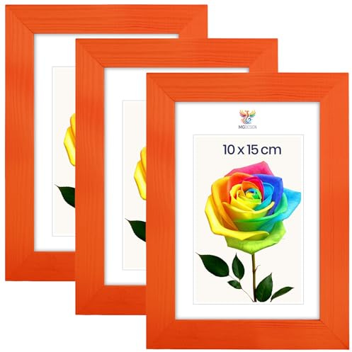 MG Design 3er Set Bilderrahmen A6 10 x 15 cm – Fotorahmen mit Orange Echtholzrahmen und bruchsicherem Acrylglas, Hoch & Quer zum Aufhängen, zum Aufstellen