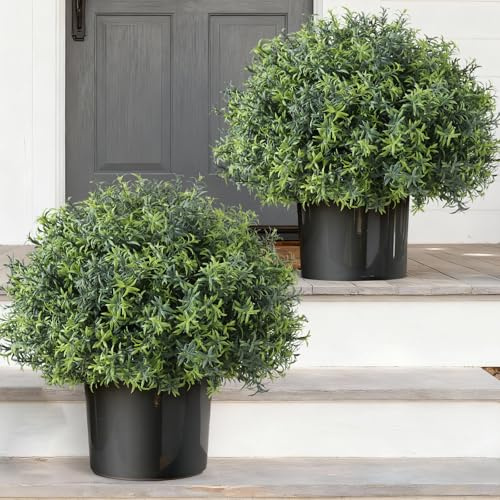 2 Set Artificial Rosemary Topiary Ball Trees for Front Porch (Green)