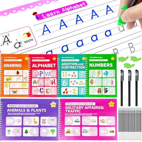 Tangdudu 6er-Pack magische Schreibübungshefte mit Rillen, Set mit 6 Heften, 20 Minen, 3 Stifts, wiederverwendbares Lernaktivitätsbuch, Schreibübungshefte für Kinder von 3 +