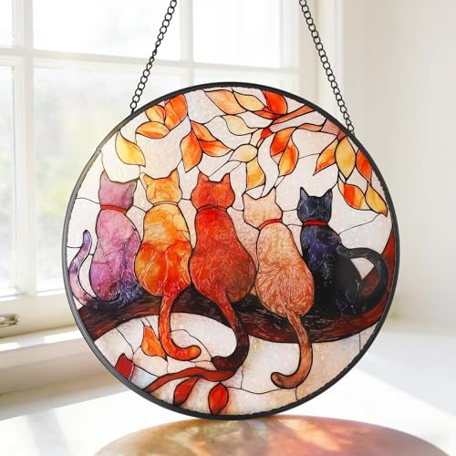MEIYUDA Buntglas fensterdeko Hängend Katzen auf einem AST, Suncatcher Sonnenfänger Basteln Stained Glass, Home Decoration Deko Wohnzimmer Buntglas, Geschenke für Frauen Männer Mama 20x20cm