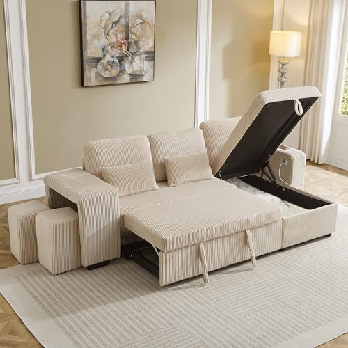 Xwiny 3-in-1 Corner Sofa Bed with Charging Station and USB & Type-C Ports, 3 Seater L-Shaped Sleeper Sofa with Storage Chaise and Armrest Side Storage, Footstools, Corduroy, Beige, 230x124x87 cm