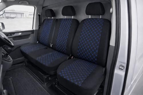 Generisch Sitzbezüge für Ford Transit Tourneo Connect 3-Sitzer 1+2 Blaue Nähte - Schonbezüge für Fahrersitz und 2er Beifahrer Sitzbank - waschbare Stoff Sitzbezüge - universelle Passform