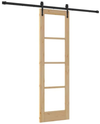 Puerta corredera de madera maciza de pino y cristal, 61 x 198,5 cm, natural y negro, deslizamiento silencioso, ahorra espacio para interiores, versátil en salón, dormitorio, cocina
