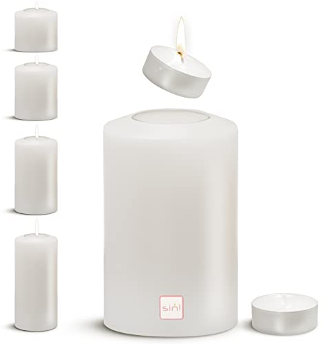Sin! Teelichthalter Classic warmweiß - ∅ 6 cm, Höhe 12 cm. Die Kerze die Nicht schmilzt! - Dauerkerze in Kerzenform Kerzenoptik aus Kunststoff mit Teelichteinsatz, inkl. Teelicht 4 Std. Brenndauer