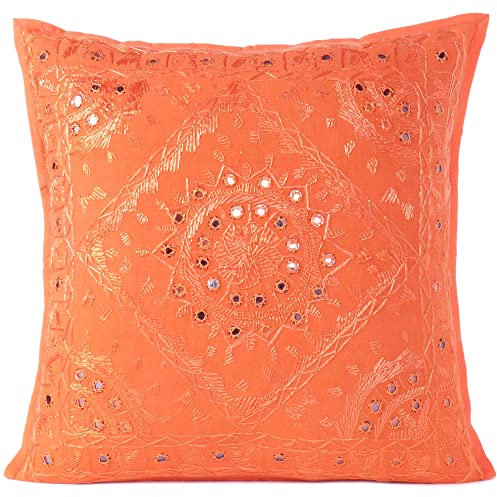 Eyes of India - Spiegel Bestickt Dekorativ Sofa Couch Kissenbezug Überwurf Schutzhülle Bohemian Akzent Boho Chic Bunt Indische Handarbeit Abdeckung - Orange, 24 X 24 in. (60 X 60 cm)