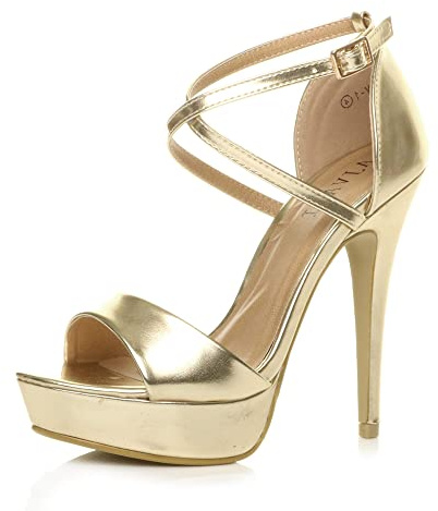 Ajvani Womens Ladies Platform high Heel Peeptoe Cross Over Strappy Shoes, 7 UK, Gold Metallic