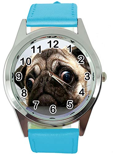 TAPORT® Mops-Quarz-Armbanduhr mit blauem Lederarmband, inkl. Ersatzbatterie und Geschenkbeutel