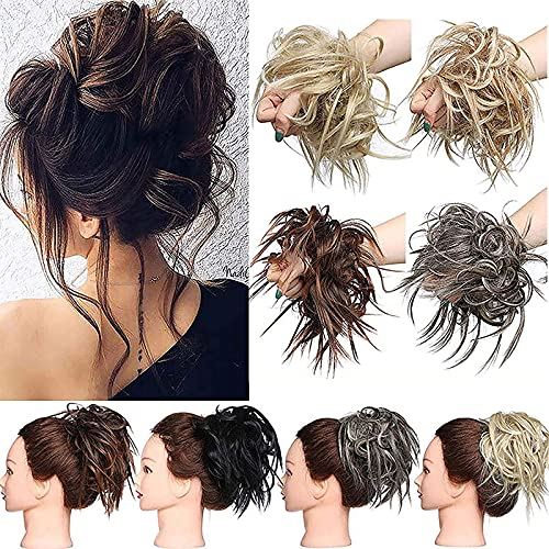 Hair Extensions XXL Haarteil Haargummi Hochsteckfrisuren Brautfrisuren VOLUMINÖS gewellter unordentlicher Dutt Scrunchie Dunkelblond zu Bleichmittel Blond