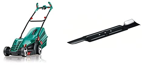 Bosch Rasenmäher ARM 34, Grasfangbox, Karton (1300 W, Schnitthöhe 20-70 mm, Schnittbreite 34 cm, 11 kg) + Ersatzmesser für ARM 34