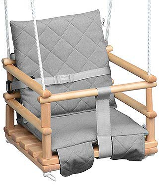 Skyline Balancoire Enfant Exterieur Jardin en Bois Accessoire Interieur Tissu Siege Fait Main Balançoire pour Bébé Interieur Corde 3 in 1 Naturel/Gris Clair