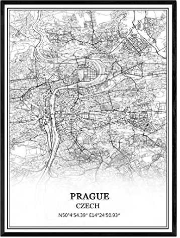 TANOKCRS Prag Tschechisch Karte Wandkunst Leinwand drucken Poster Artwork ungerahmt moderne Schwarz-Weiß-Karte Souvenir Geschenk Home Decor 23x28cm