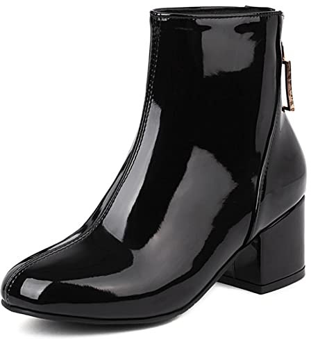 MJIASIAWA Mujer Moda Charol Chelsea Botines Oficina Vestido Invierno Boda Block Tacón Medio Punta Redonda Botines Cremallera Negro Talla 35 Eu