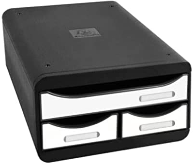 Exacompta 3117213D Ablagebox Glossy mit 1 Schublade für DIN A4+ und 2 schmalen Schubladen. Belastbare Schubladenbox aus Recycling-Kunststoff für mehr Platz. SmallBox Blauer Engel schwarz|weiß