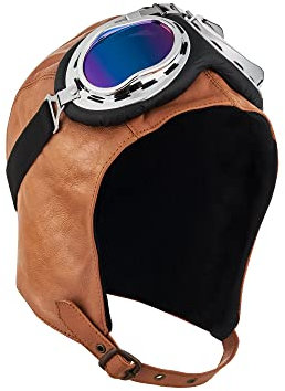 BLUETECH Cabriohaube, Fliegermütze, Cabriomütze, Oldtimerhaube Basic Cognac, mit Cabriobrille Herren Damen Leder Unisex - XXL