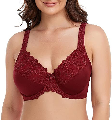 Ayigedu Women's Underwire Bra Non-Padded Floral Lace Plus Size Full Coverage Minimizer 38-E Wine Red
