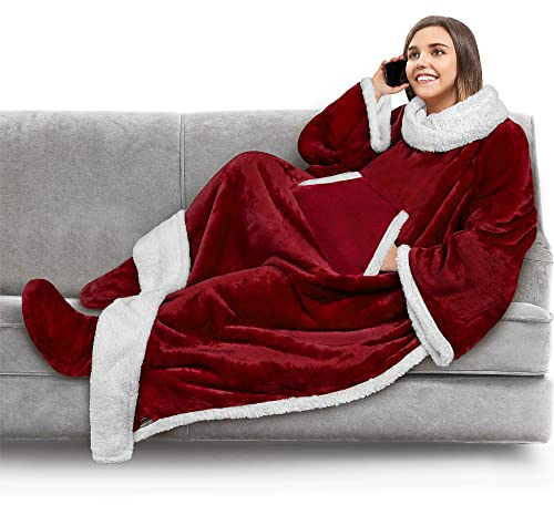 PAVILIA Sherpa-Fleece-Decke mit Ärmeln und Fußtaschen für Damen und Herren, Erwachsene, tragbare Decke, Überwurf, dicke, extra weiche Schlafdecke mit Füßen, Geschenk für Frauen und Mutter (dunkelrot)