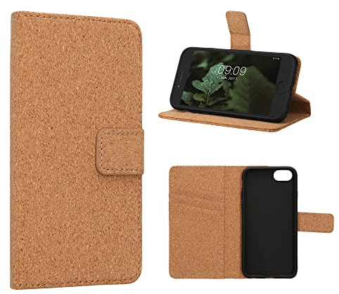 kalibri Hülle kompatibel mit Apple iPhone SE (2022/2020) / iPhone 8/7 - Stroh TPU Handyhülle - Kork Wallet - Schutzhülle mit Ständer - Handy Case mit Magnetverschluss in Hellbraun