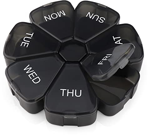 Premium Round Black Pill Box Organiser - BPA Free - Travel Tablet Boxes - Easy to Open Large Compartments, Unique Spring Assisted Open Design for Tablets, Vitamins, Medication and Cod Liver Oil