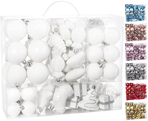 BRUBAKER 77-teiliges Set Weihnachtskugeln Christbaumschmuck - Kunststoff Baumkugeln für Weihnachtsbaum - Weiß