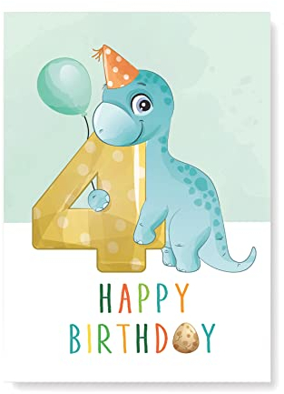 Friendly Fox Geburtstagskarte für Kinder 4. Geburtstag, 1x DIN A5 Dino Glückwunschkarte zum Kinder Geburtstag, Happy Birthday Karte mit Umschlag