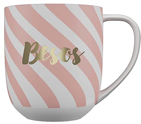 DRAEGER PARIS 1886 - Taza de Cerámica Elegante con Mensaje en Oro Besos - Diseño Chic Azul o Rosa - 320 ml, 9,3 cm Alto x 8 cm Diámetro - Caja de Regalo Decorativa