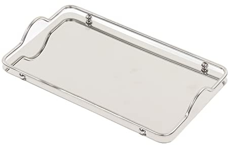 Edelstahl Spiegeltablett, 34.5x19.5cm Silbertablett Rechteckig, mit Griff und Rand, Dekotablett Metall Ablageschale Vintage Parfumteller, für Make-up Schmuck Kerzen Handtuch Seife Pflanze Becher Tasse