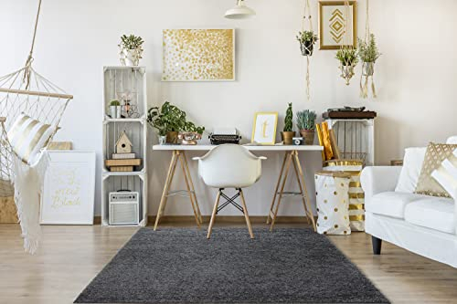 Mia´s Teppiche Bloom Moderner Shaggy Teppich, Hochflor, Langflor, Einfarbig, Uni, weich und robust, Anthrazit, 80 x 140 cm