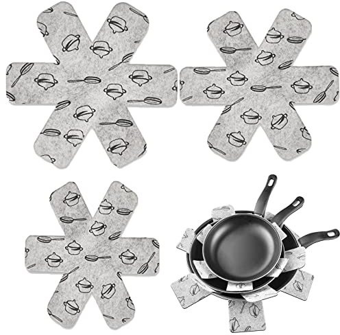 JCKD 3 Piezas Protectores de sartenes, Protectores apilables Lavables, Protectores Antideslizantes Resistentes al Calor, Fieltro Reutilizable para ollas, sartenes y Cuencos, 3 tamaños Diferentes