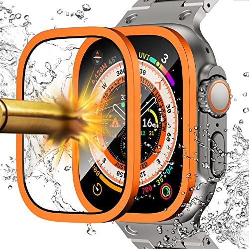 NewWays Displayschutz Kompatibel für Apple Watch Ultra 2/Ultra 49mm,Ultradünner Titanlegierungsrahmen Eingebauter 9H gehärteter Glasfilm,Leichter gehärteter Glasfilm für iWatch 49mm, Orange