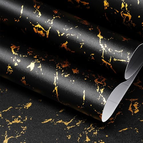 FunStick 60CM×5M Marmor Folie Schwarz Gold Dekofolie Möbelfolie Selbstklebend Schwarz Gold Küchenplatte Arbeitsplatte Klebefolie Marmoroptik Schwarz Gold Wandtapete Badezimmer Wasserfest Folie Schwarz