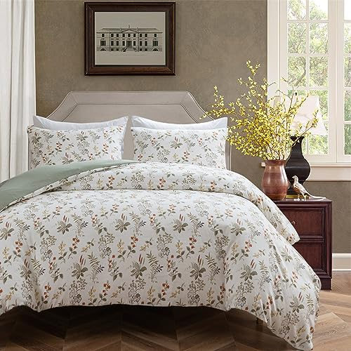 Bettwäsche 135x200 cm 4teilig Grün Beige Blumen Blätter Pflanzen Botanisch Microfaser Wende Bettwäsche Set mit Baumwolle Leinen Artigem Griff Weich Bettbezüge Einzelbett und Kissenbezüge 80x80cm