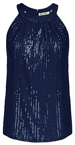 Damen Ärmellose Tank Tops Pailletten Bluse T-Shirt Rundhals Casual Oberteile Navy blau L CL1792A22-16