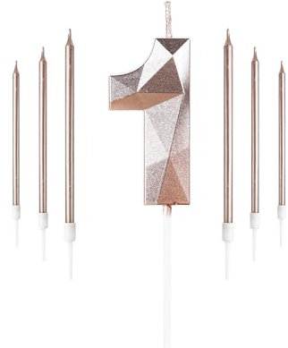 Rose Gold 1st Birthday Candles Set, Number 1 Candle with Rose Gold Long Candles, Birthday Candles for Cake, Birthday Candle, Cake Candles Cake Topper Decorations for Birthday Party Wedding Anniversary