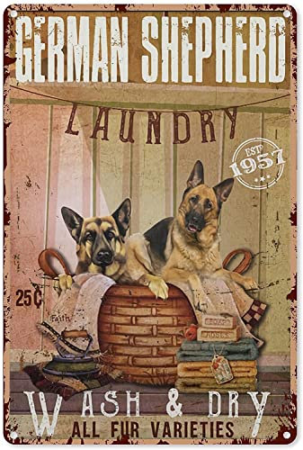 Laundry Wall Art Large German Shepherd Laundry Company Wash & Dry All Fur Sorten Blechschild Dekoration Vintage Chic Metall Poster Wanddekoration Kunst Geschenk für Waschküche Bauernhaus Tür 30,5 x