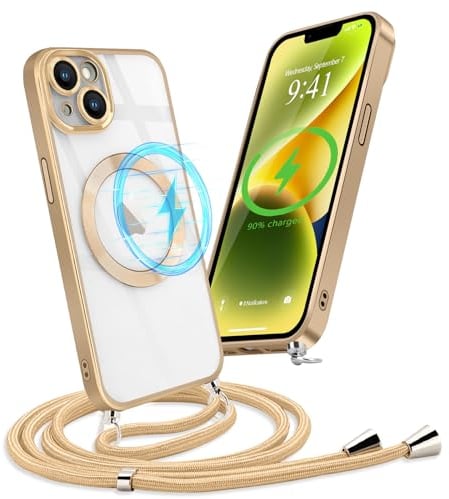 Micoden Handykette Hülle für iPhone 14 mit Band Kompatibel mit MagSafe Kabellosem Laden Kameraschutz Vollständiger Transparent Silikon Case Kordel zum Umhängen Handyhülle Schutzhülle,Gold