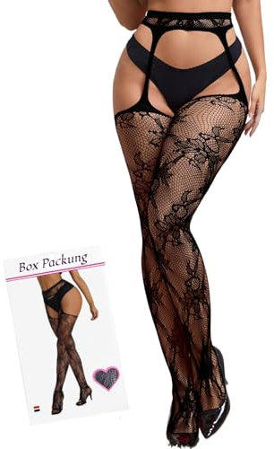 ohyeahlady Collant Ouvert Sexy Femme Grande Taille Bas Resille pour Porte-jarretelles Sexy Dentelle Collant Porte Jarretelle Intégré Porte Jartelle Ensemble Bas Jarretière Lingerie Dentelle(XS-M,Noir)