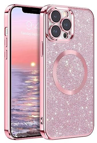 GaoBao for iPhone 12 Pro Max Phone Case, Slim iPhone 12 Pro Max Case [Compatible with MagSafe] Sparkle Luxury Shockproof Anti-Slip Women Girl Bling Phone Cover for iPhone 12 Pro Max 6.7, Glitter/Pink