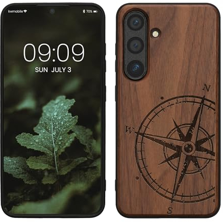 kwmobile Hülle kompatibel mit Samsung Galaxy S24 Hülle - Holz Case - Handy Cover - TPU Handyhülle in Dunkelbraun Kompass Vintage
