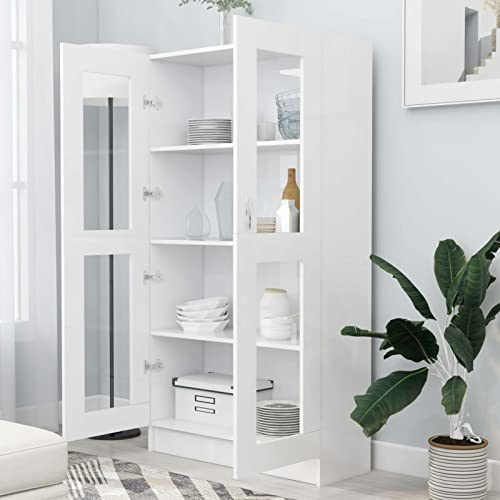 Homgoday Vitrina de Cristal con 4 Compartimentos 2 Puertas, Vitrina Salón, Mueble de Salón, Aparador Comedor, Aparador Cocina Vitrina de Madera ingeniería Blanco 82,5x30,5x150 cm