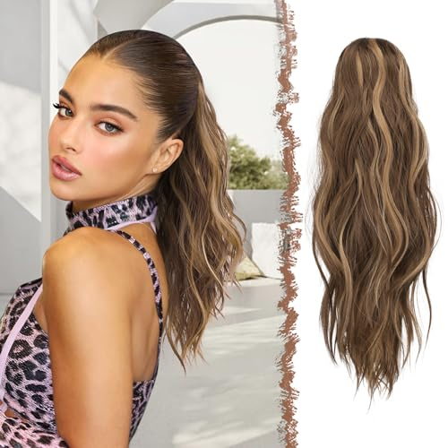 FESHFEN Gewellt Pferdeschwanz Haarteil mit Klammer, 50cm Pferdeschwanz Zopf Extensions Claw Clip in Wavy Ponytail Extension Synthetik Haarverlängerung für Frauen Damen Honigblond Gemischt Hellbraun