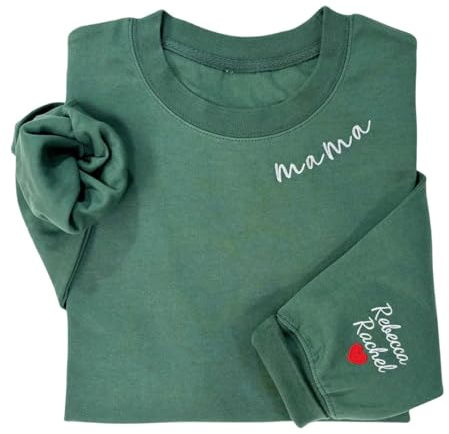 Mama Bestickt Pullover - Benutzerdefiniertes Hemd Mit Kindernamen am Ausschnitt, Herz an den Ärmeln - Schwangerschaft Kapuzenpullover Geschenk für Neue Mutter
